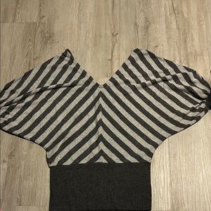 Elegant V-Neck Sweater with Charcoal Stripes